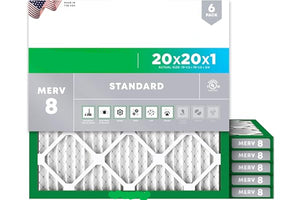 FilterBuy indoor air filter packaging with dimensions and MERV rating on a white background