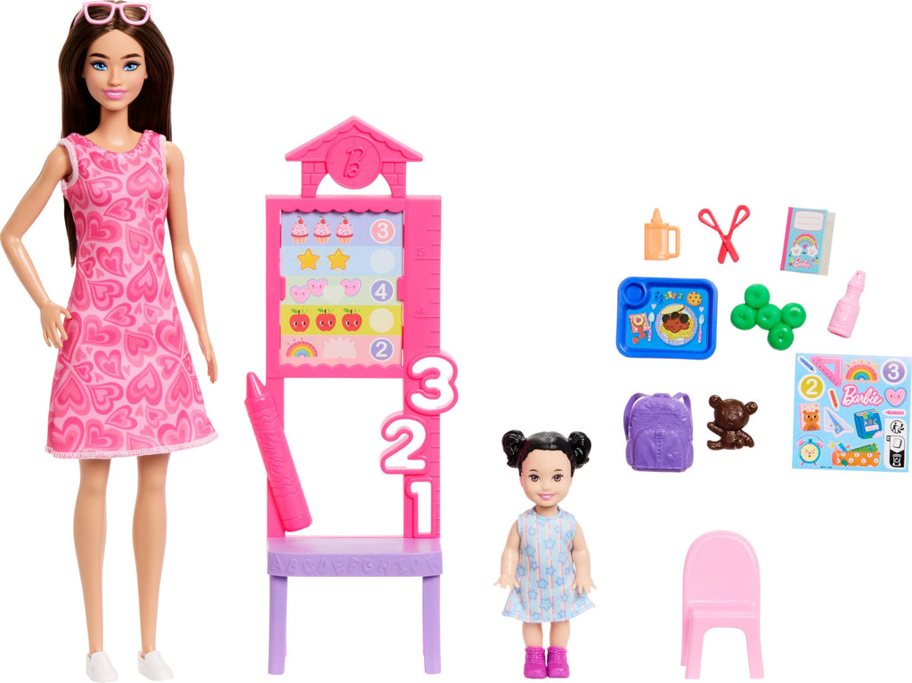 Barbie Careers Teacher Playset with Fashion Doll Wearing Removable Dress, Toddler Small Doll, Classroom Board & Accessories