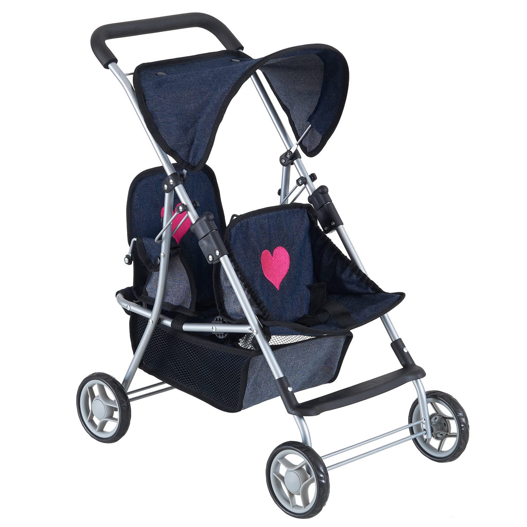 The New York Doll Collection First Twin Stroller - Cutest Heart Design Baby Strollers Great Toy Gift for Toddlers and Girls (Denim) Blue,pink