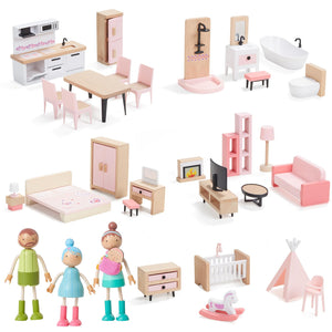 Giant bean 36pcs Wooden Dollhouse Furniture Set with Dolls for 5 Rooms, Wood & Plastic Pink Dollhouse Accessories Pretend Play Furniture Toy Christmas Birthday Gift Toy for Kids Boys Girls Toddler 3+
