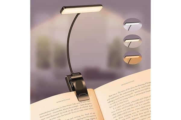 Book light with flexible arm illuminating a book against a blurred background