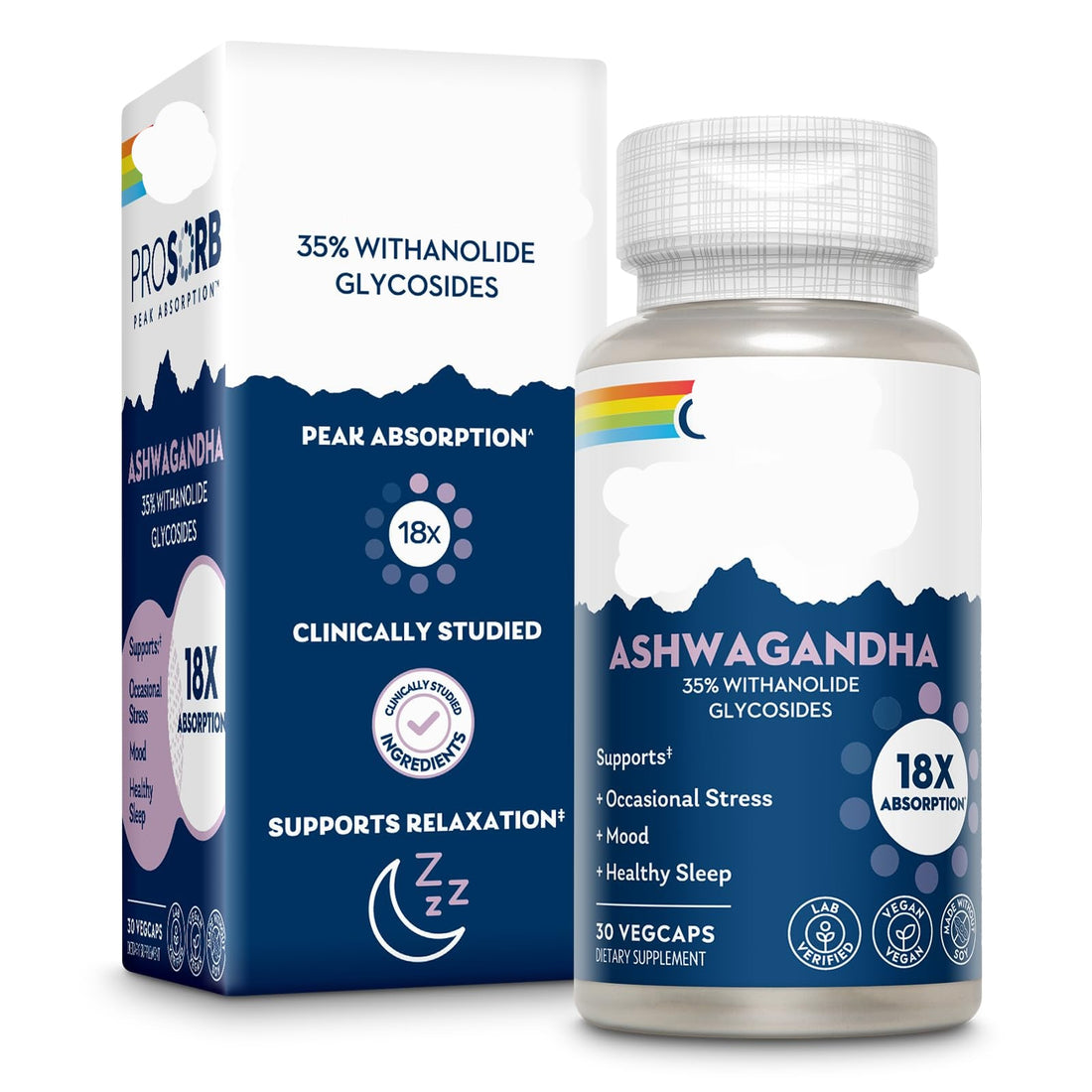 Solaray ProSorb Ashwagandha supplement bottle and packaging on a white background