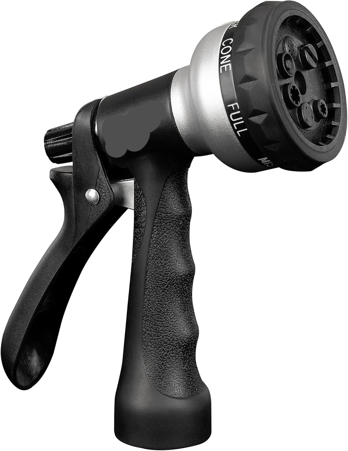 Black and silver Automan garden hose nozzle on a white background