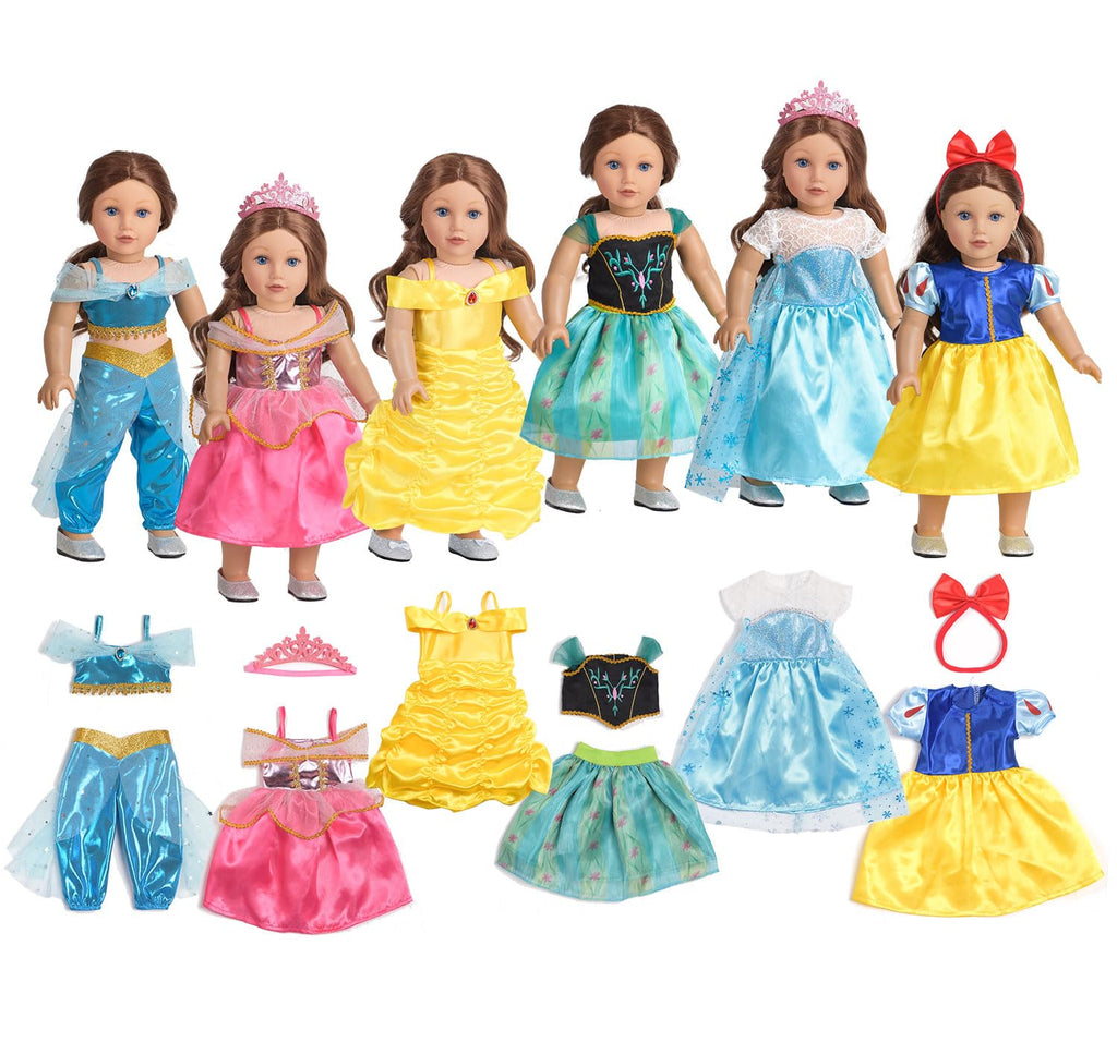 18 Inch Doll Clothes 6 Sets Princess Dresses Accessories Costume Jasmine Aurora Belle Snow White for 18 Inch Dolls