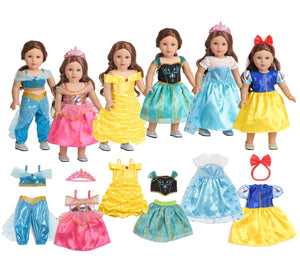 18 Inch Doll Clothes 6 Sets Princess Dresses Accessories Costume Jasmine Aurora Belle Snow White for 18 Inch Dolls