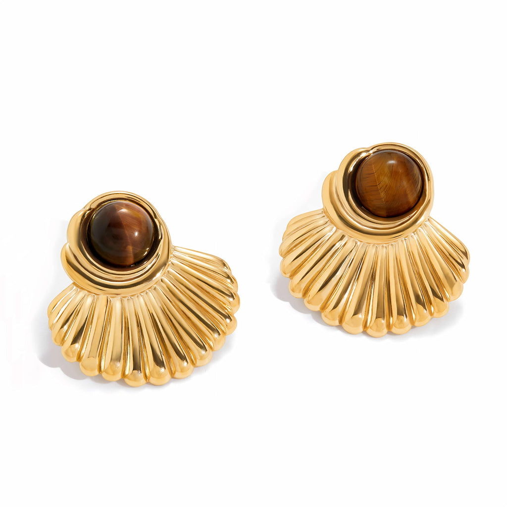 Tiger Eye Earrings for Women, 18K Gold Plated Chunky Statement Earrings, Vintage Fan - Shaped Fashion Jewelry