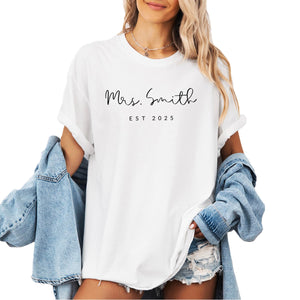 Personalized Cute Bride Honeymoon Custom Mrs Last Name Gift for Engaged Getting Married Shirt White