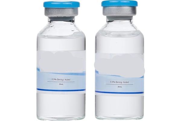 Two vials of reconstitution solution with blue caps on a white background