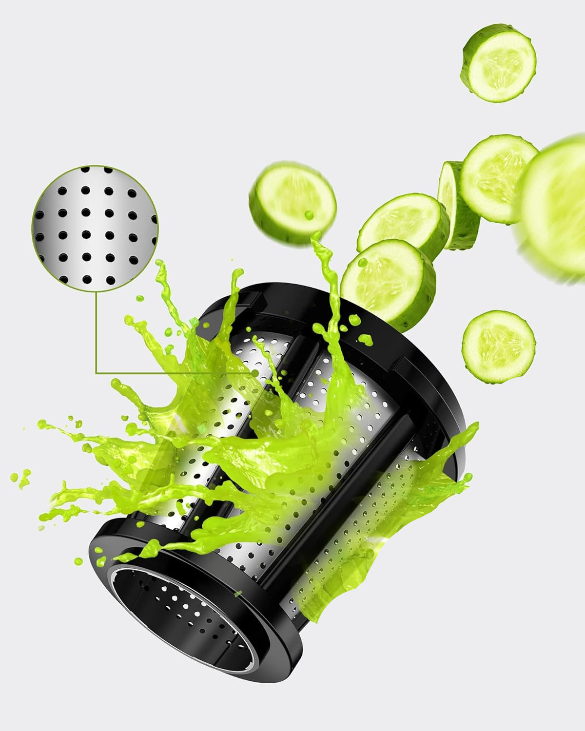 Super fine mesh filter with sliced cucumbers and juice splashes on a white background