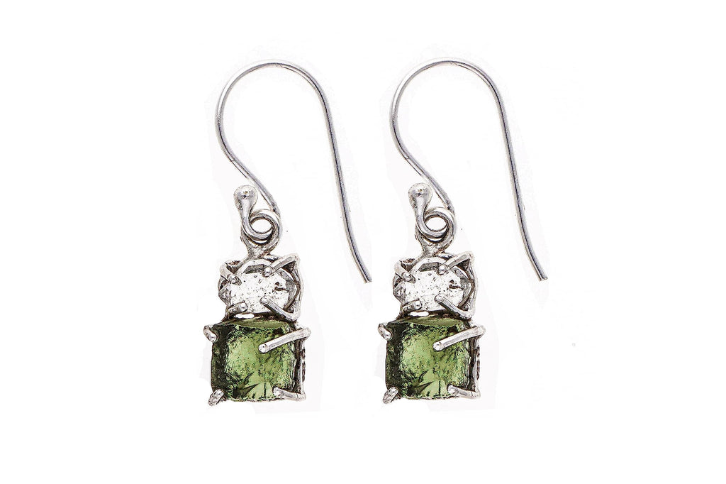 Certified Moldavite Rough & Herkimer Diamond 925 Solid Sterling Silver Handmade Designer Earring