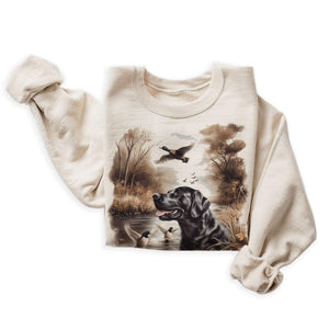 Vintage Black Lab Hunting Dog Mallard Ducks Wilderness Scene Sweatshirt - 90s Vintage Duck Pond Sweatshirt - Scenic Cozy Fall Autumn Nature Sweater - Unisex Graphic Crewneck Sweatshirt