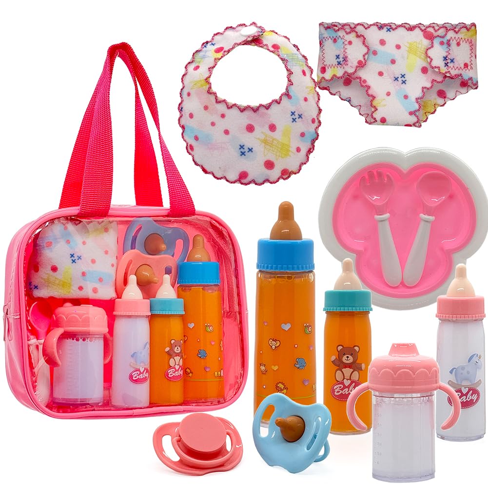 Baby Doll Accessories Magic Bottle Set - 11 Pieces Doll Feeding Pretend Playset with Disappearing Milk & Juice Bottles, Pacifiers Bowl Diaper and Bib Doll Bottle Toys set Gift for Kids Girls Ages 3+