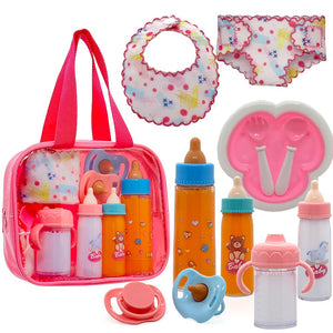 Baby Doll Accessories Magic Bottle Set - 11 Pieces Doll Feeding Pretend Playset with Disappearing Milk & Juice Bottles, Pacifiers Bowl Diaper and Bib Doll Bottle Toys set Gift for Kids Girls Ages 3+