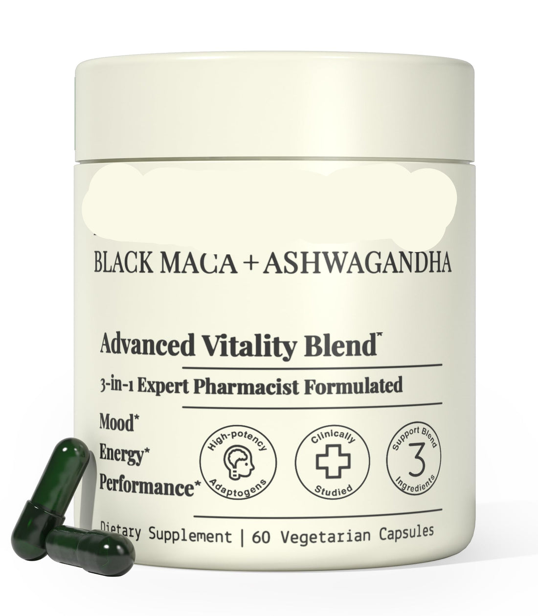 Supplement container labeled 'MACAPLUS+ Black Maca + Ashwagandha' on a white background