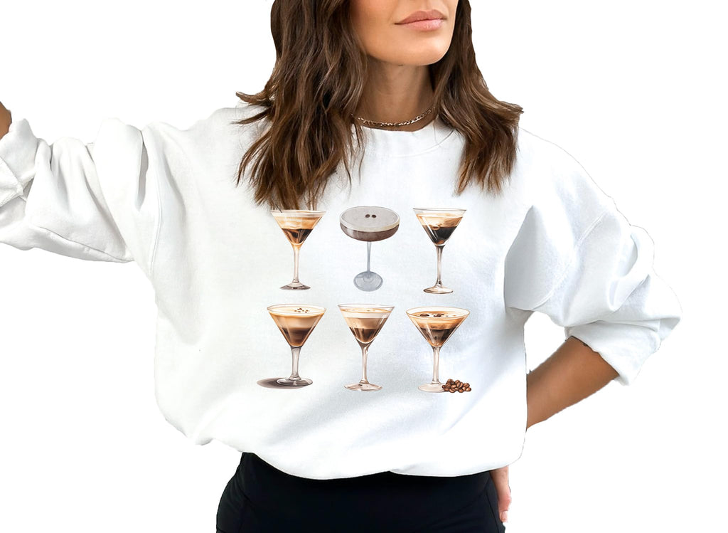 Up2ournecksinfabric - Espresso Martini Glasses Sweatshirt - Bachelorette Pullover - Party Sweater - Girls Weekend Outfit - Vacation Drinking Shirt - Birthday Gift for Her - Bridal Gift White