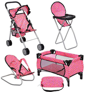 fash n kolor 4 Piece Doll Play Set, Includes - 1 Pack N Play. 2 Doll Stroller 3.Doll High Chair. 4.Infant Seat, Fits Up to 18'' Doll (4 Piece Set)