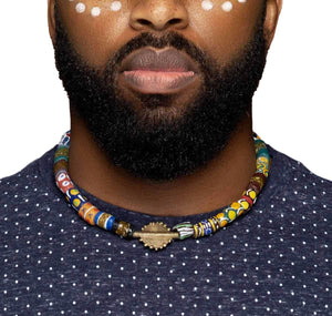 Male African Bead Choker| Men's Krobo Glass Bead Necklace w/Sun Baule from Ghana – Unisex| Cloth&Cord