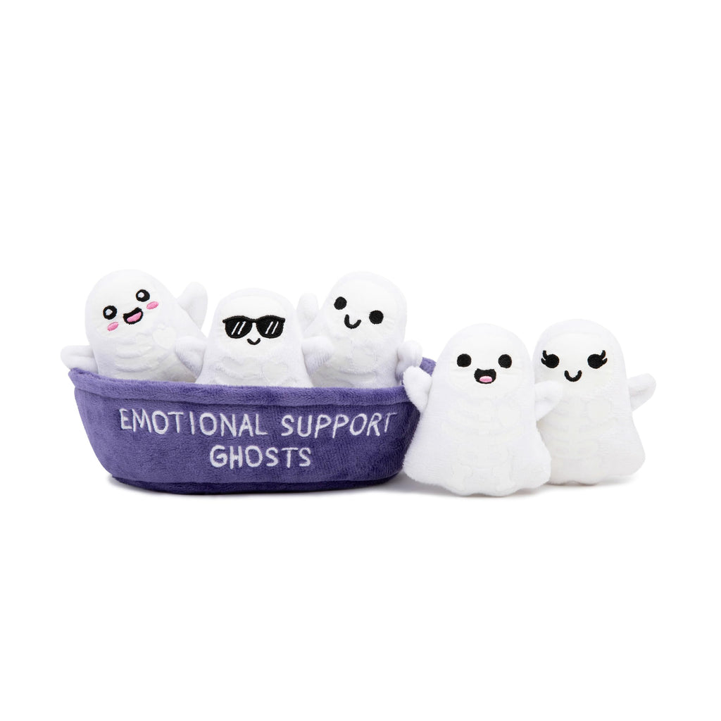 Emotional Support Ghosts by Relatable, Cuddly Plush Collectibles and Cute Stuffed Animals, Spooky Halloween Ghost Plushies and Fun Trick or Treat Toys, Includes 5 Plushies with Carrying Basket