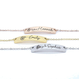 Personalized Flower Name Bar Bracelet Custom Engraved Jewelry for Best Friend, Daughter, Mother, Girlfriend, Wife Elegant Wrist or Ankle Keepsake Unique Gift for Birthday, Graduation, Christmas Gift