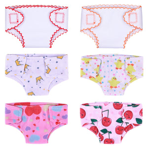 BABESIDE 6 Pcs Baby Doll Diapers for 12-15 Inch Dolls, Reusable & Washable Doll Underwear Fits Baby Dolls, Pretend Play Accessories, Patterned