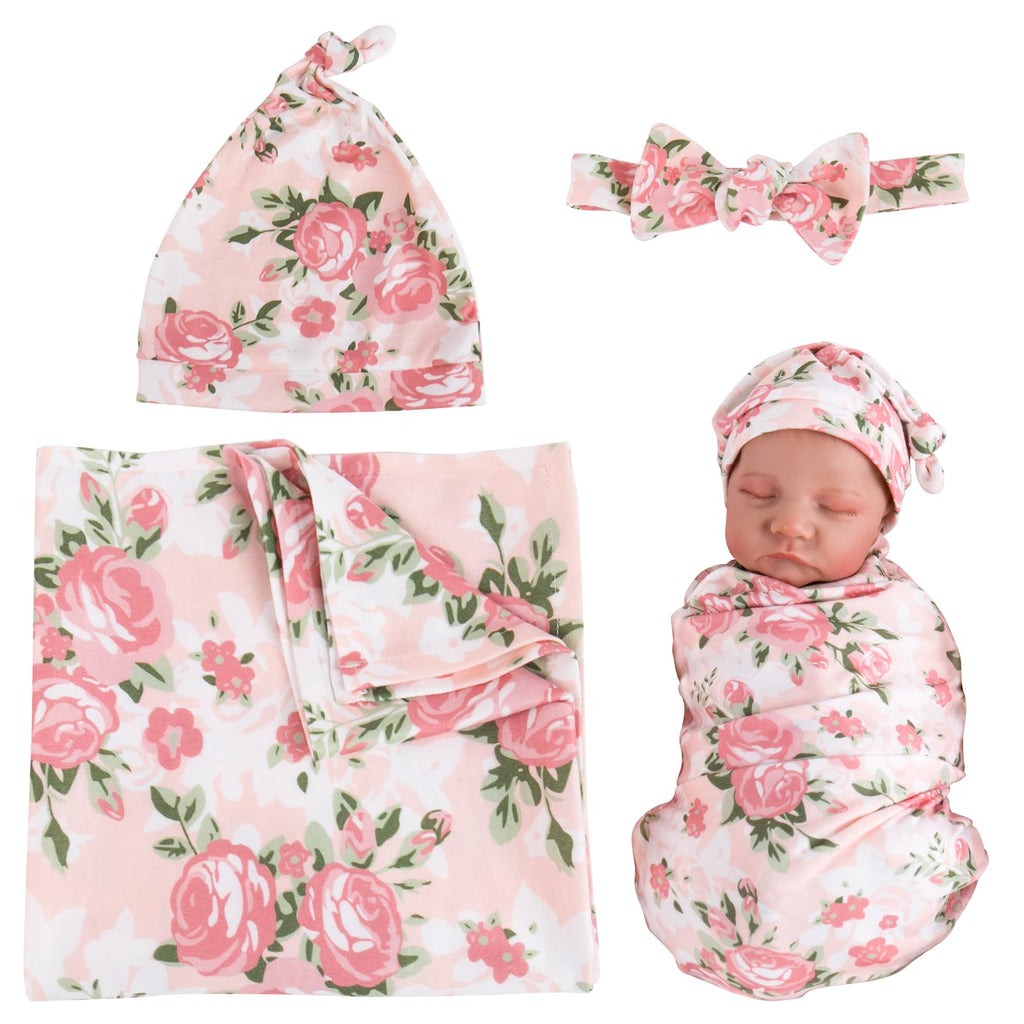 Aori Reborn Baby Doll Accessories Clothes Newborn Receiving Blanket with Headband and Hat Set Baby Swaddle Floral 3-Piece Swaddle Nursery Swaddle Wrap for 17-20 inch Reborn Doll