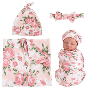 Aori Reborn Baby Doll Accessories Clothes Newborn Receiving Blanket with Headband and Hat Set Baby Swaddle Floral 3-Piece Swaddle Nursery Swaddle Wrap for 17-20 inch Reborn Doll