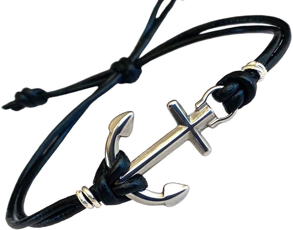 BeGenuine Store Mens Anchor Bracelet Adjustable Leather Cord Nautical Jewelry Silver Charm Faith Hope Bracelet Handmade Gift for Him Husband Boyfriend Dad