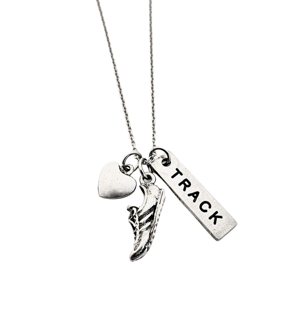 Pewter LOVE TO RUN TRACK Necklace - Pewter Heart, Pewter Running Shoe Charm and Pewter TRACK Pendant on 18 inch Stainless Steel Cable Chain - All Pewter