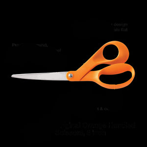 Fiskars original orange-handled scissors with features highlighted on a white background