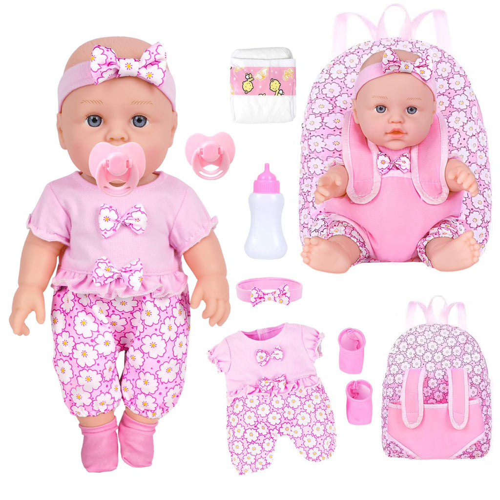 12 Inch Baby Dolls with Backpack Carrier Can Store Doll Clothes and Accessories,12" Reborn Baby Doll Set in Gift Box with Feeding Bottle Nipple Diaper for Kids Toddler Age 3+