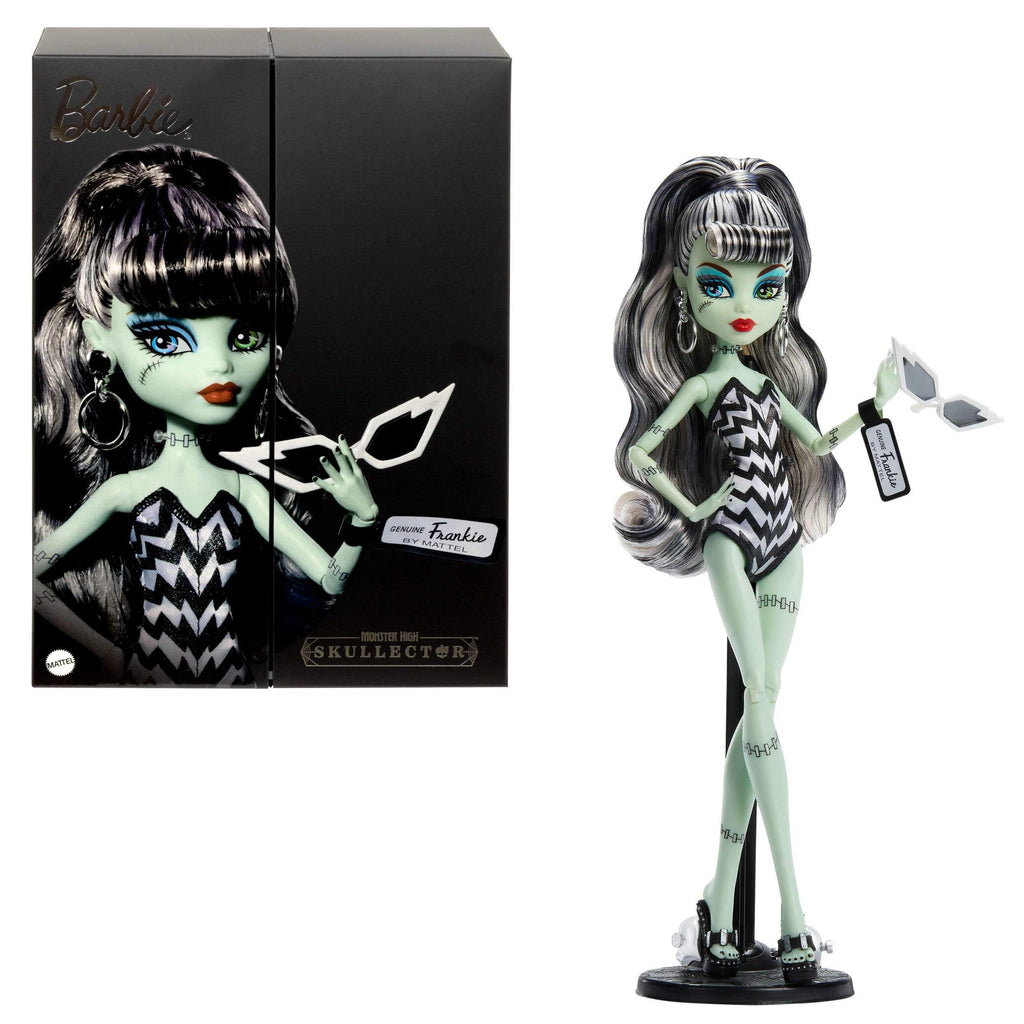 Monster High x Barbie Frankie Stein Doll with Original Barbie-Inspired Swimsuit and Solo in The Spotlight Black Evening Dress, Accessories