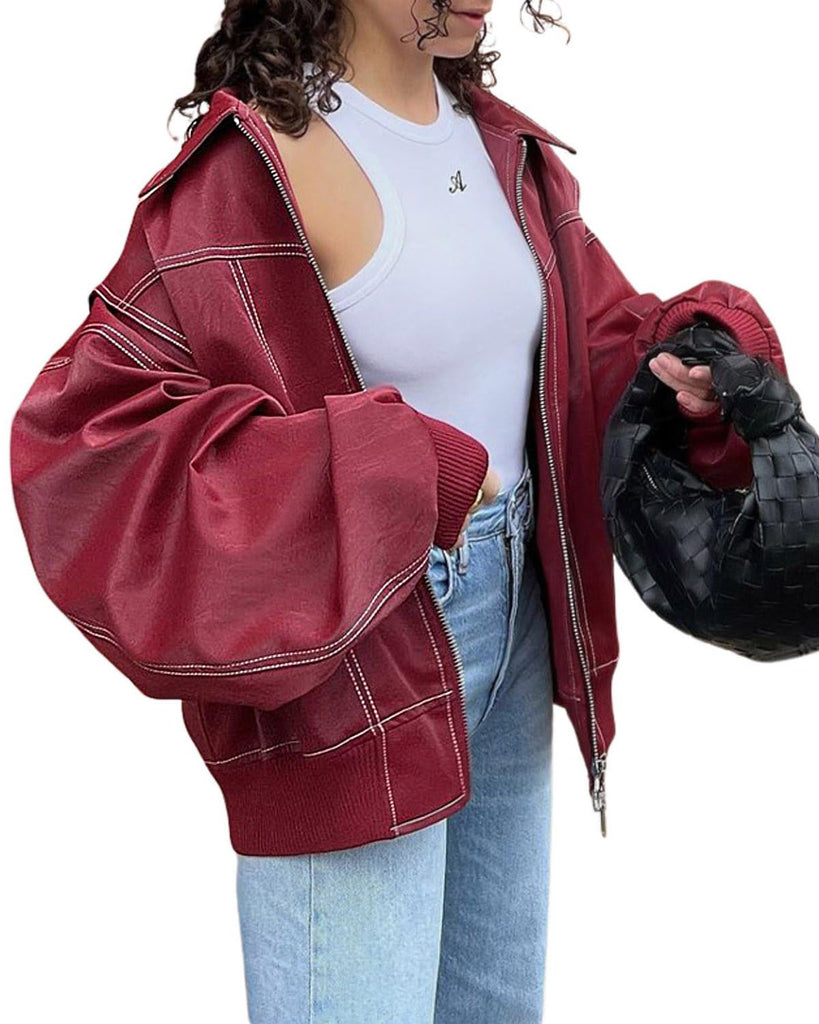 utcoco Women's Faux Leather Motorcycle Jacket Oversized Zip Up Winter Coat Outerwear 2025 Fall Fashion Clothes