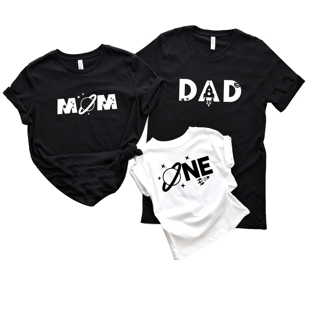 Baby boy Space Themed One First Birthday Party Mom and Dad and me Matching Space Themed Shirts Women Mama Letter Printed T-Shirt Mama Graphic Tee Casual Short Sleeve Tops Tee Black