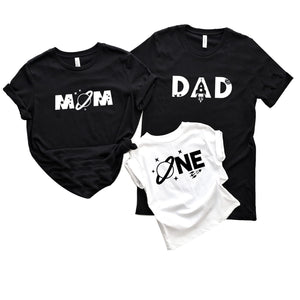 Baby boy Space Themed One First Birthday Party Mom and Dad and me Matching Space Themed Shirts Women Mama Letter Printed T-Shirt Mama Graphic Tee Casual Short Sleeve Tops Tee Black