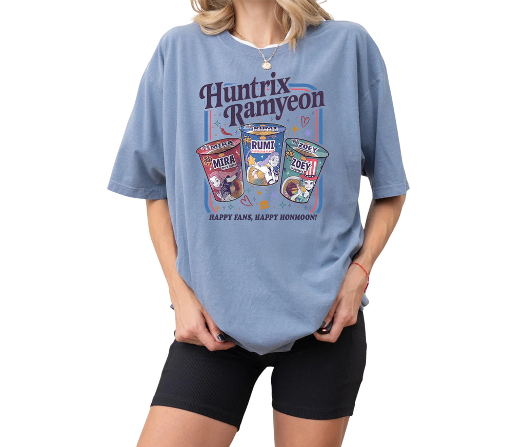 CUSTOM TSHIRT HUB Huntrix Ramyeon T-Shirt Demon Hunters Korean Food Ramen T-Shirt with Cartoon Characters Unique Huntrix Ramyeon Sweatshirt, Korean Noodle Cup Graphic Kids Shirt