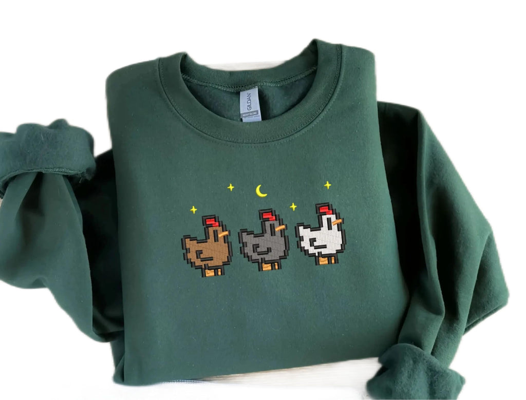 Embroidered Stardew Valley Chicken Sweatshirt, for Gamers, Stand out with Gaming-inspired Fashion, Cozy & Cute Gaming Attire Forest Green