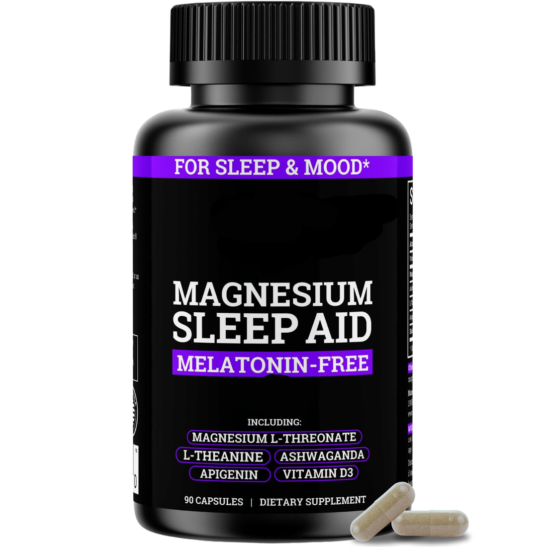 Black bottle of magnesium sleep aid with white text on a white background