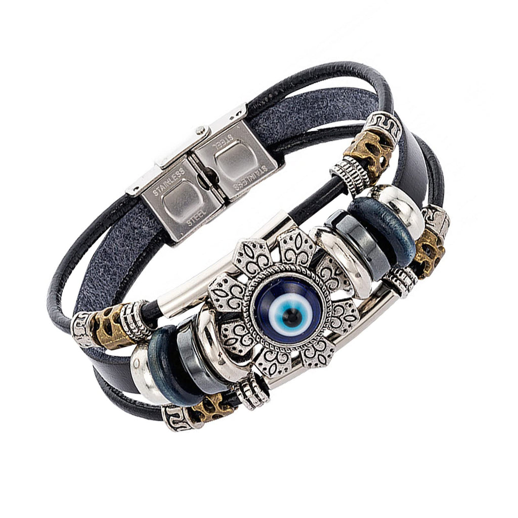 Evil Eye Bracelets for Men, Protection Bracelet Blue Eye Leather Bracelet Wristband Beaded Bracelet Wrap Sunflower Bracelets for Men Charms Bracelets Spiritual Jewelry Gift