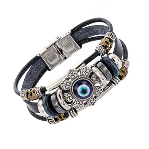 Evil Eye Bracelets for Men, Protection Bracelet Blue Eye Leather Bracelet Wristband Beaded Bracelet Wrap Sunflower Bracelets for Men Charms Bracelets Spiritual Jewelry Gift