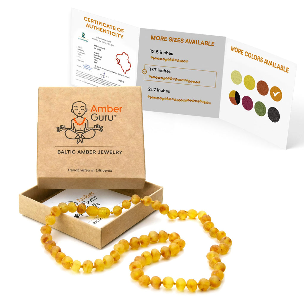 Amber Guru Baltic Amber Necklace for Women and Men (Authentic, Certified) - 17.7 inches, Honey (Raw/Unpolished) - Unisex Amber Jewelry for Adults - Amber Bead Necklace