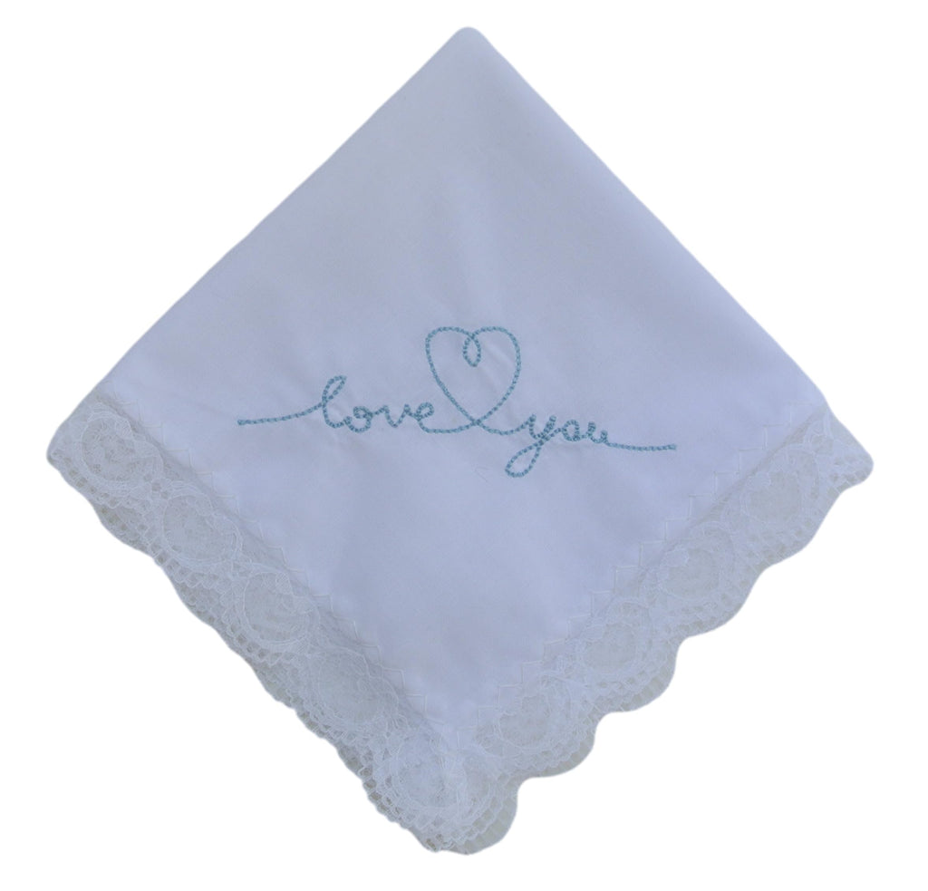 La Gartier Garters - "Love You" Lace Wedding Bridal Handkerchief With Blue Embroidery Bridal Handkerchief For Bride Gift For Bride Something Blue