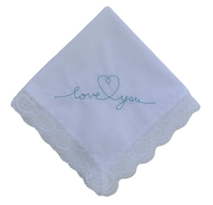 La Gartier Garters - "Love You" Lace Wedding Bridal Handkerchief With Blue Embroidery Bridal Handkerchief For Bride Gift For Bride Something Blue