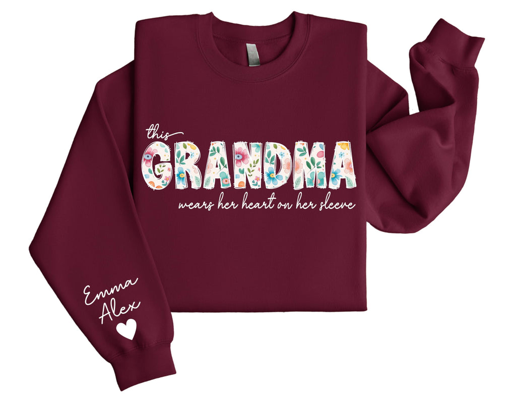 Hee-Roes Personalized Grandma Sweatshirt for Women Custom Floral Sweater Mimi Sweatshirt with Kids Names on Sleeve Grammy Pullover Grandma Gifts Gigi Hoodie for Grandma