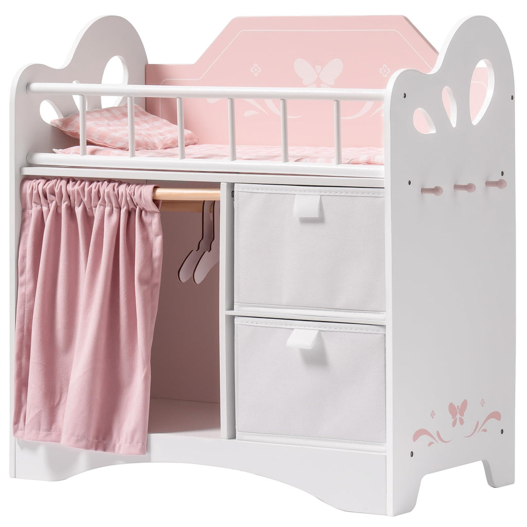 ROBOTIME Baby Doll Crib, Wooden Doll Bed, Toy Baby Crib with Storage, Bedding, and Wooden Hooks, Doll Crib Fits Dolls up to 21", Doll Furniture for American Girls Ages 3+ (Pink)