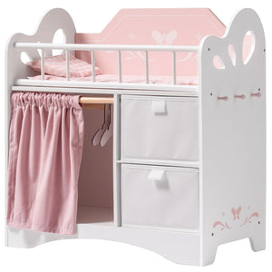 ROBOTIME Baby Doll Crib, Wooden Doll Bed, Toy Baby Crib with Storage, Bedding, and Wooden Hooks, Doll Crib Fits Dolls up to 21", Doll Furniture for American Girls Ages 3+ (Pink)
