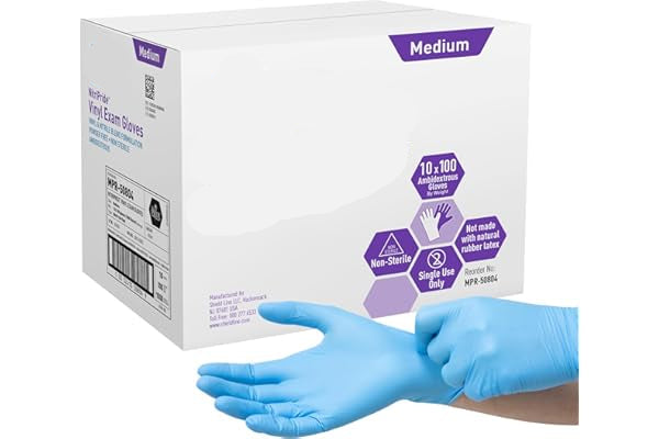 Box of NitriPride Vinyl Exam Gloves with a hand wearing a glove on a white background