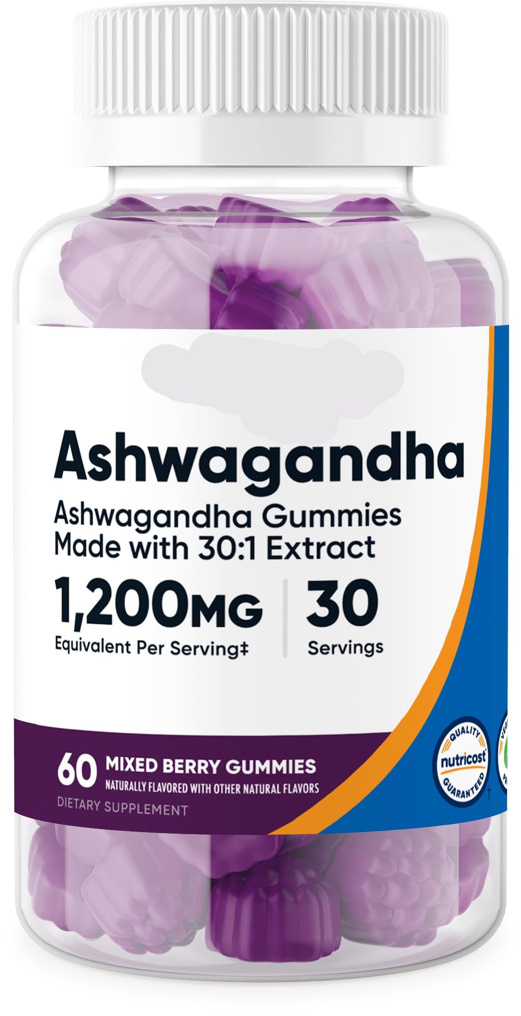 Nutricost Ashwagandha Gummies packaging with purple gummies inside