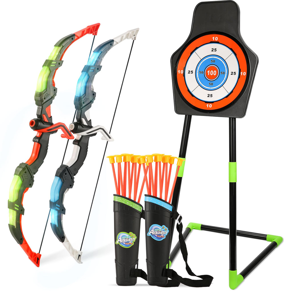 Bow and Arrow Set for Kids, 2-Pack LED Light Up Archery Set with 20 Suction Cup Arrows, Indoor and Outdoor Toy for Boys Girls Age 4-8 8-12 with Standing Target&2 Quivers, Birthday Gift 3-12 Years Old
