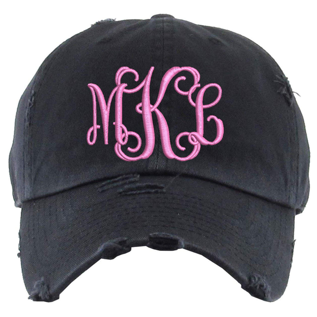 Sew Vivid Designs Monogram Hat | Distressed Baseball Cap or Ponytail Hat | Women's Custom Embroidered Cap