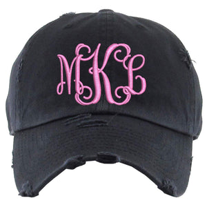 Sew Vivid Designs Monogram Hat | Distressed Baseball Cap or Ponytail Hat | Women's Custom Embroidered Cap